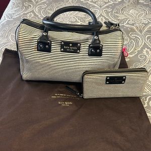 Kate Spade black & white stripe canvas purse w/ matching wallet and dust bag